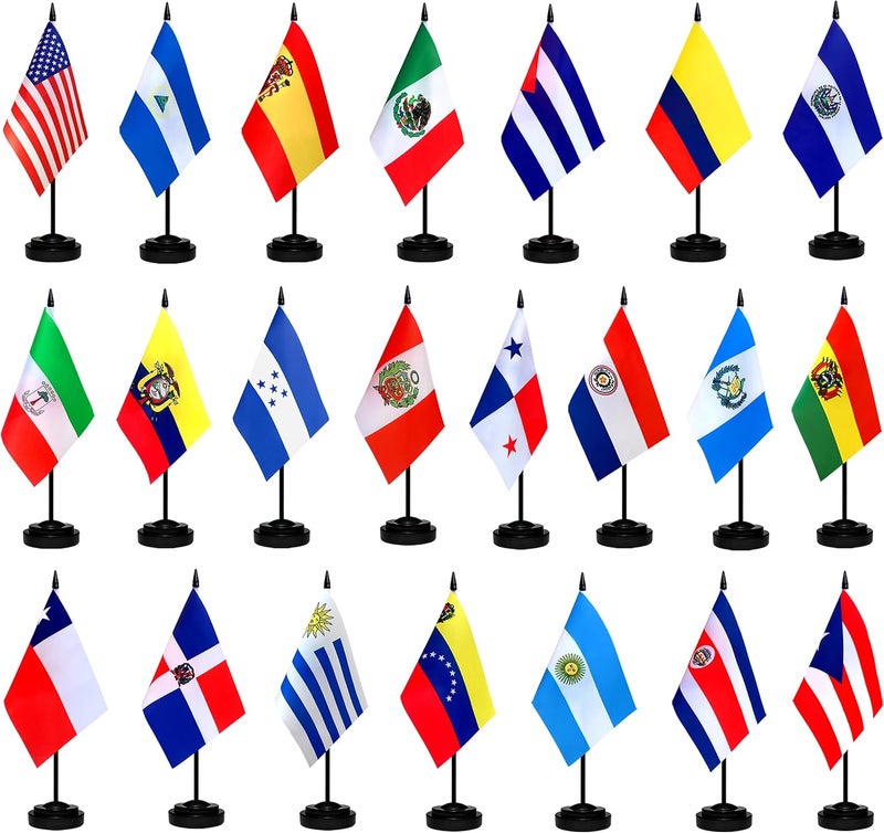 ZLXING 22 Countries Spanish Speaking Desk Flags Set Small Mini Latin American Latino Stick Flags for Heritage Hispanic Month Decorations,5x8 Inch - Image 1